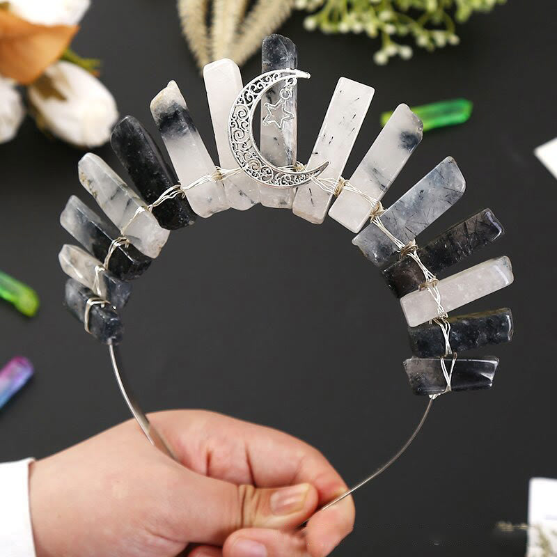 Olivenorma Three Dimensional Moon Star Flat Tube Crystal Crown - Black Quartz Rutilated&Moon Star - image 18