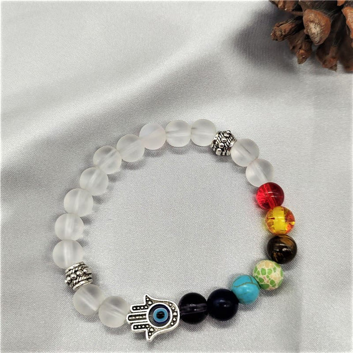Olivenorma Colorful Chakra Evil Eye Hamsa Beaded Bracelet - Clear Crystal - image 14