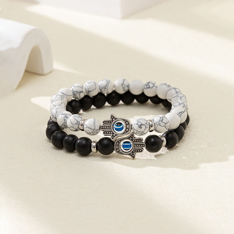 Olivenorma Obsidian White Turquoise Evil Eye Hamsa Bracelet Set - Obsidian&White Turquoise 2piece suit - image 0