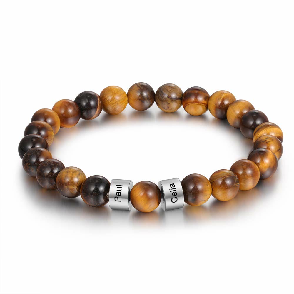 Olivenorma Natural Stone Engraving Personalized Beads Men Bracelet - Tiger Eye - Silver - 5th Engraving - image 20