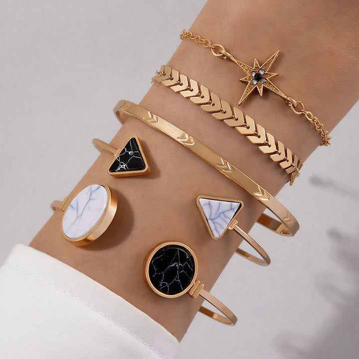 Olivenorma Natural Stone Alloy Five Piece Open Bracelet Set - Black Turquoise&Triangle Five Piece Set - image 9