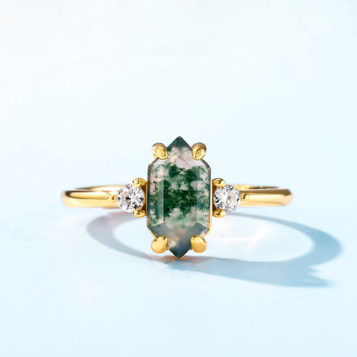 Olivenorma Hexagonal Moss Agate White Zircon S925 Adjustable Ring - image 5