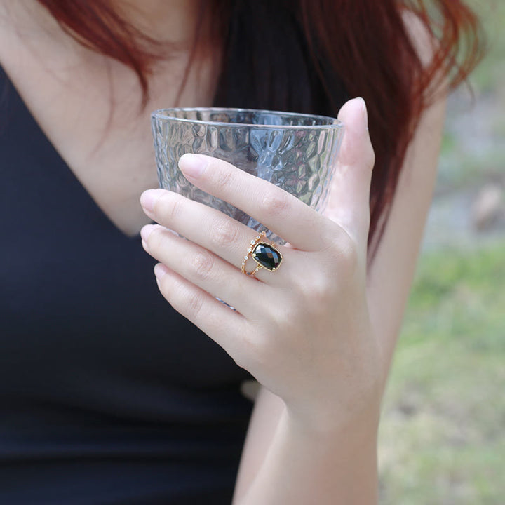 Olivenorma Large Square Aquamarine Black Onyx Vintage Ring - image 8
