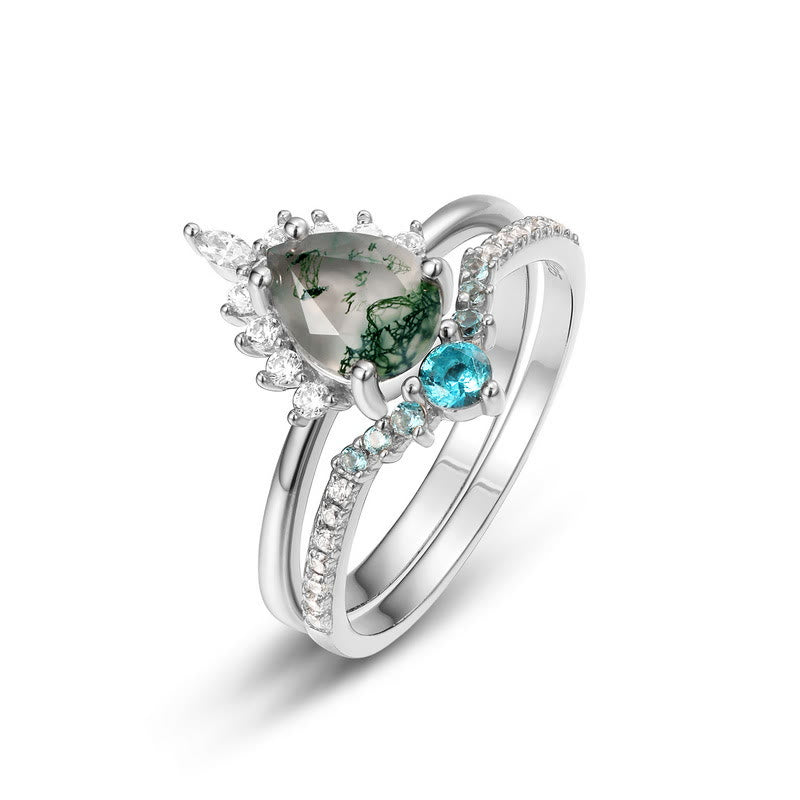 Olivenorma Moss Agate Paraiba Tourmaline 2pcs 925 Silver Ring - Silver - 8 - image 0