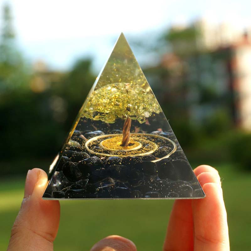 Olivenorma Peridot With Obsidian Tree Of Life Reiki Orgone Pyramid - image 1