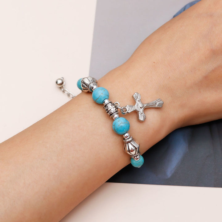 Olivenorma Turquoise Beaded Alloy Cross Pendant Bracelet - Turquoise - image 0