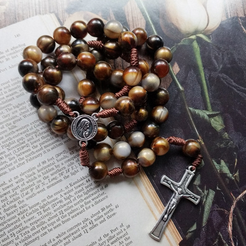 Olivenorma 10mm Agate Beads Jesus Cross Pendant Rosary Necklace - image 1