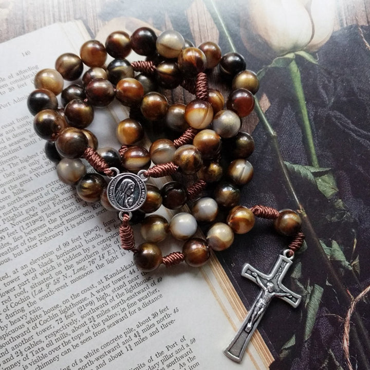 Olivenorma 10mm Agate Beads Jesus Cross Pendant Rosary Necklace - image 1