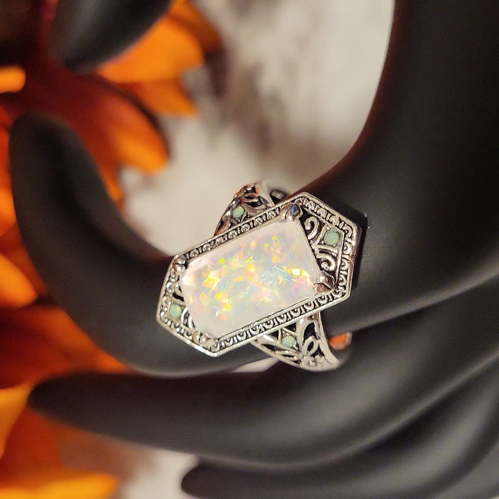 Olivenorma Square White Opal Antique Alloy Ring - image 6