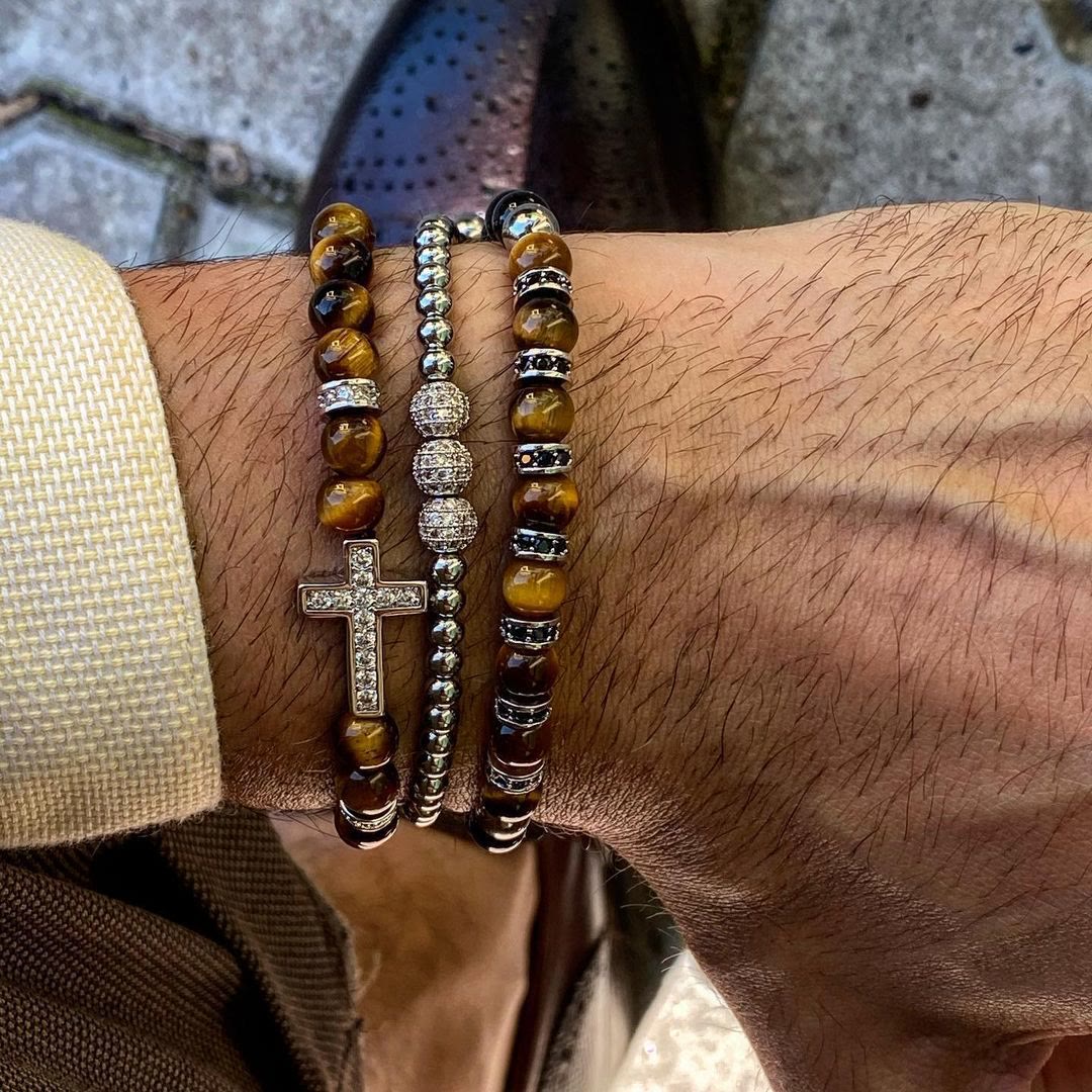 Olivenorma 3Pcs/Set Tiger Eye Stone Beaded Men Cross Bracelet - Silver - Tiger Eye - image 0
