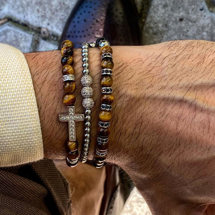 Olivenorma 3Pcs/Set Tiger Eye Stone Beaded Men Cross Bracelet - Silver - Tiger Eye - image 0
