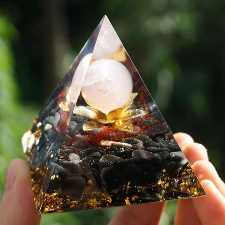 Clear Quartz Obsidian Lotus Symbol Orgone Pyramid - image 2