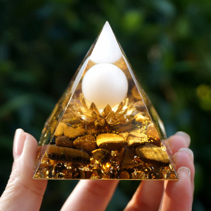 Olivenorma White Agate Sphere With Tiger Eye Lotus Orgone Pyramid - image 3