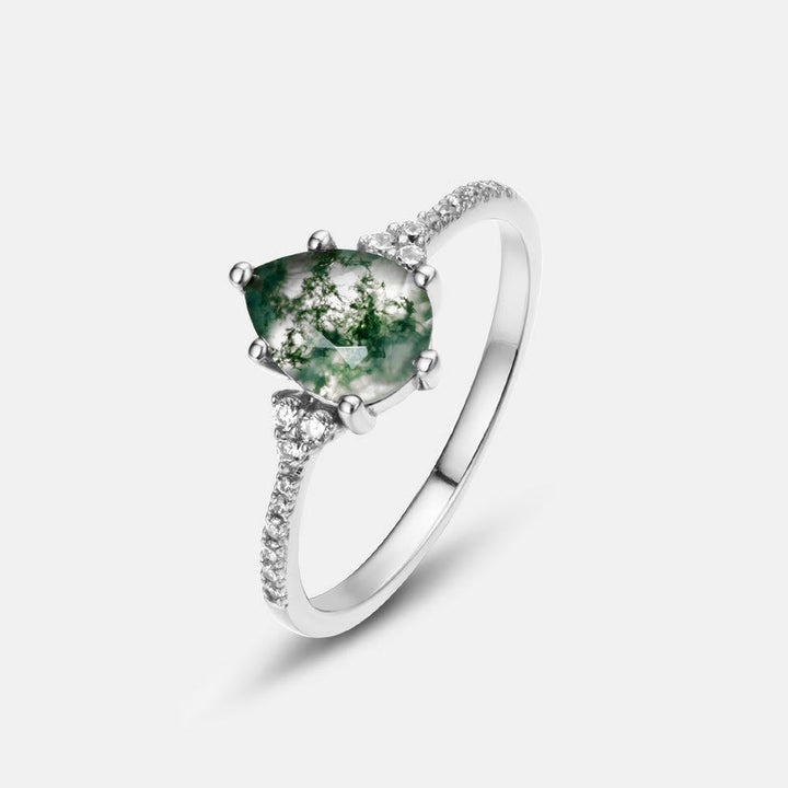 Olivenorma Moss Agate White Zircon Six Claw Ring - Silver - 8 - image 0