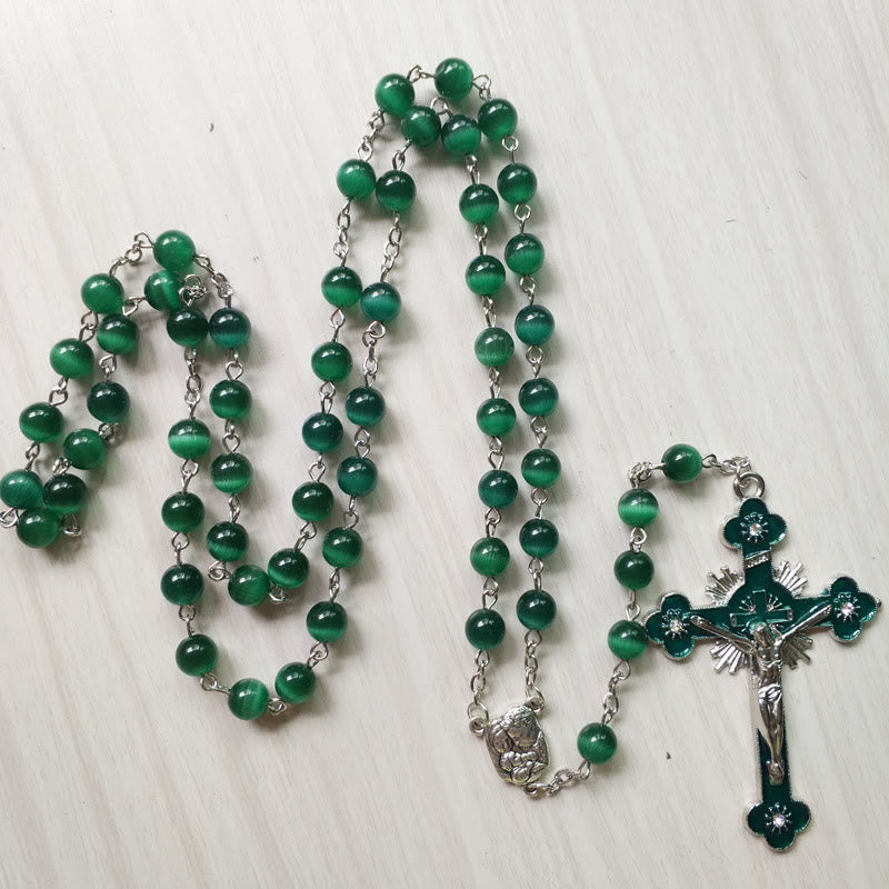 Olivenorma Green Cat's Eye Stone Cross Rosary Necklace - image 3