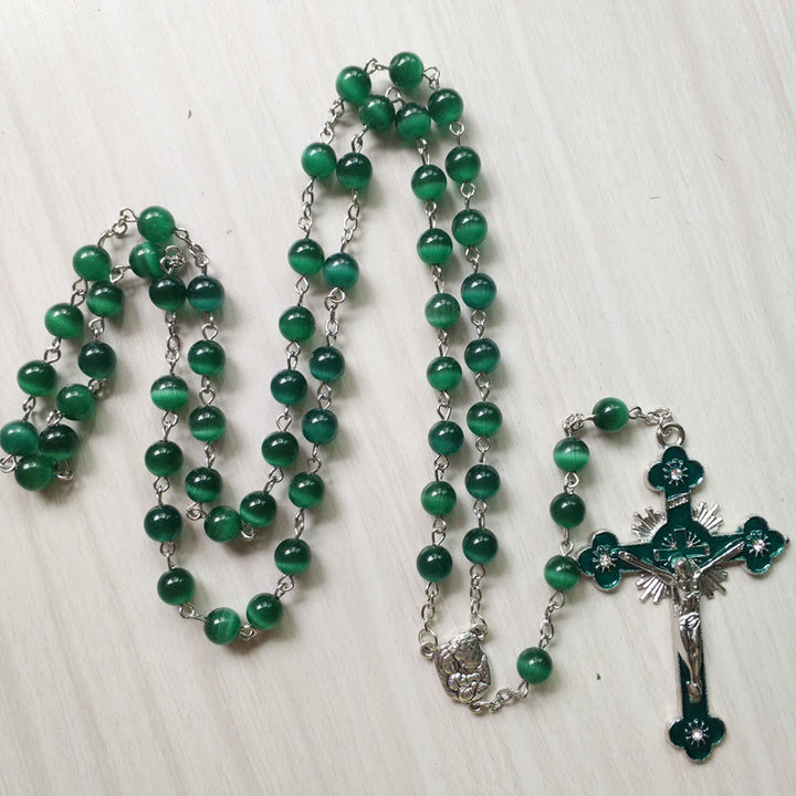 Olivenorma Green Cat's Eye Stone Cross Rosary Necklace - image 3