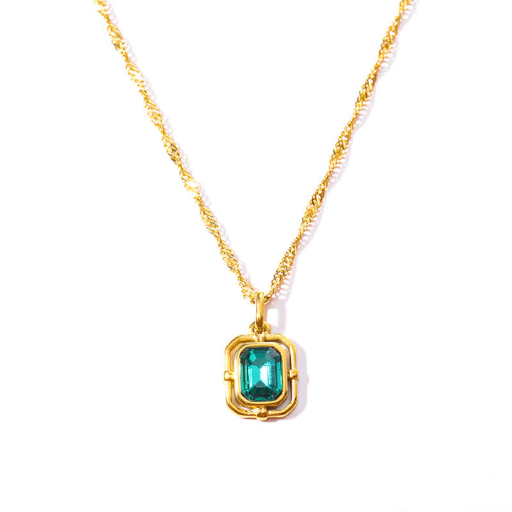 Olivenorma Water Wave Chain Square Zircon Titanium Steel Necklace - Emerald - image 6
