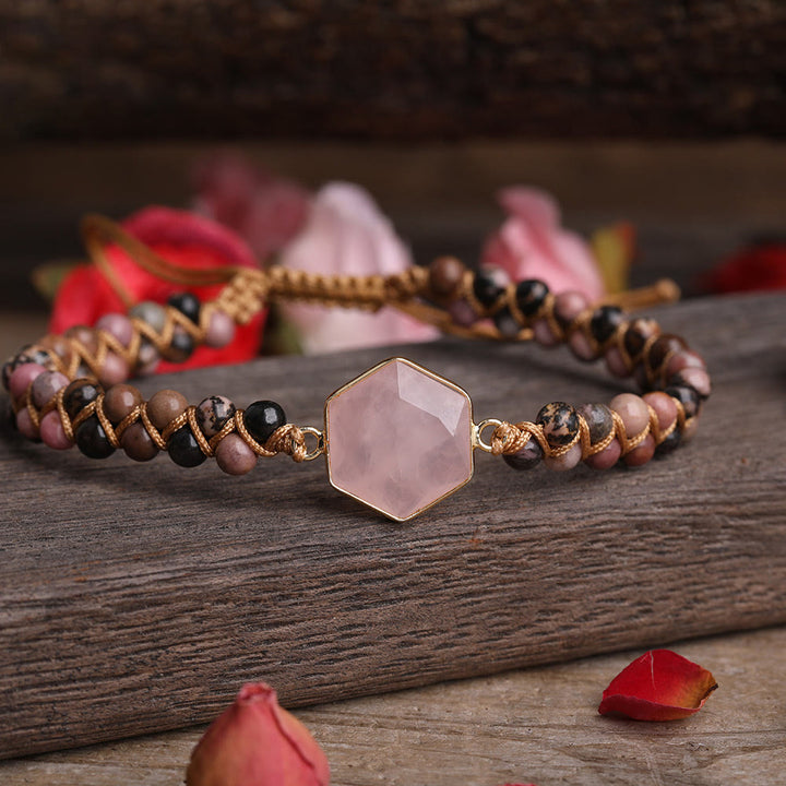 Olivenorma Raw Crystal Hexagon Braided Beaded Bracelet - Rose Quartz - image 10