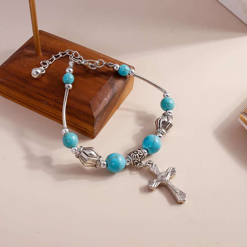 Olivenorma Turquoise Beaded Alloy Cross Pendant Bracelet - image 1