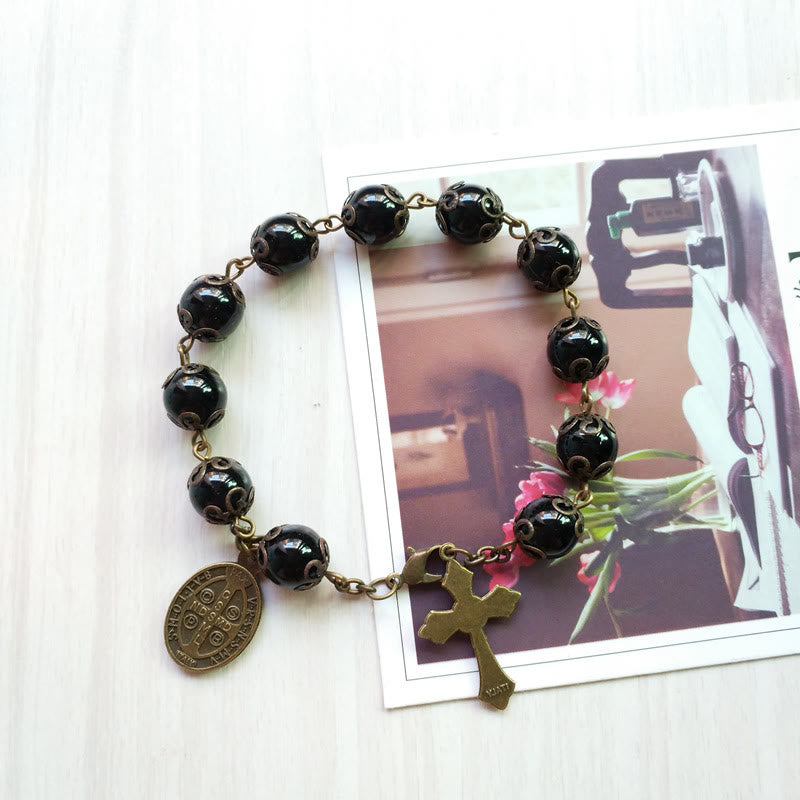 Olivenorma Obsidian Holy Medal Cross Pendant Rosary Bracelet - image 1