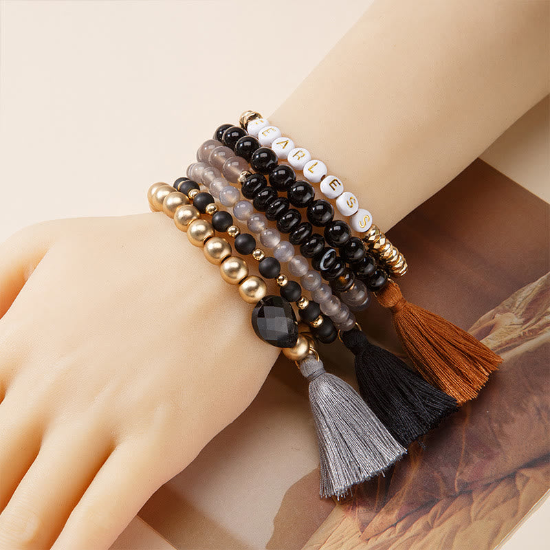 Olivenorma Set of 6 Engraved Natural Crystal Bracelets - Black Onyx&Obsidian - image 1