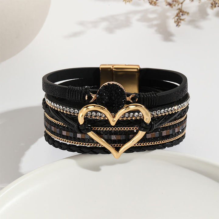 Olivenorma Multicolor Crystal Cluster Metallic Heart Braided Leather Bracelet - Black - image 0