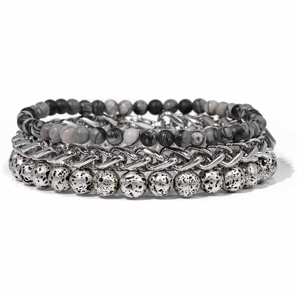 Olivenorma "Peace And Calm" Silver Lave Stone Bracelet Set - Silver Lave Stone - image 0