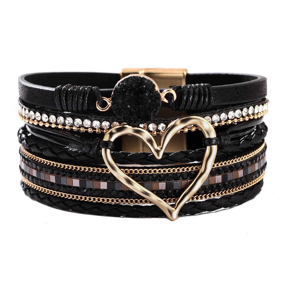Olivenorma Bohemia Leather Wrap Hollow Heart Bracelet  - Obsidian - image 9