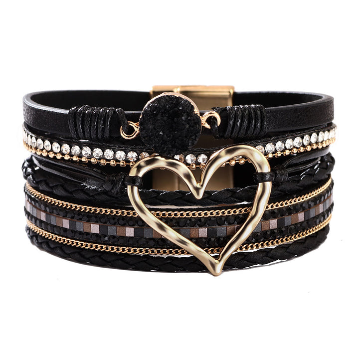 Olivenorma Bohemia Leather Wrap Hollow Heart Bracelet  - Obsidian - image 9