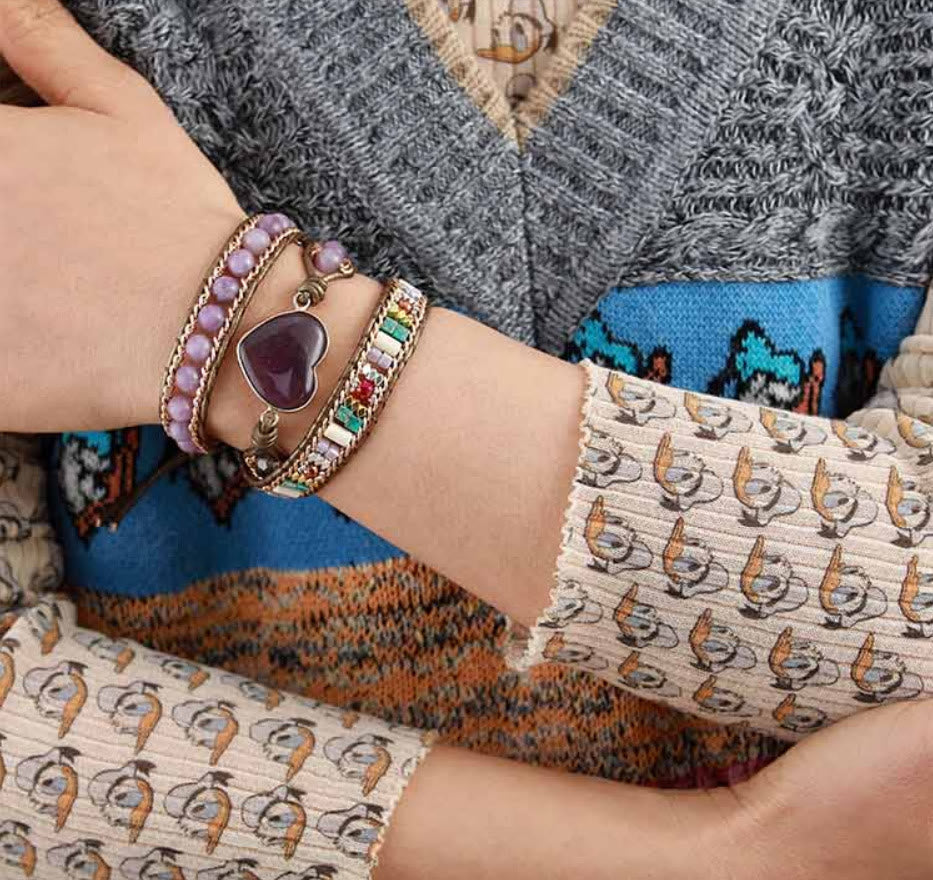 Olivenorma Amethyst Heart Charm Beads Wrap Bracelet - image 1
