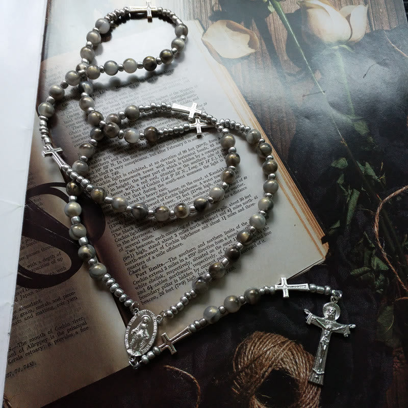 Olivenorma Gray Acrylic Ball Beaded Cross Rosary Necklace - image 1