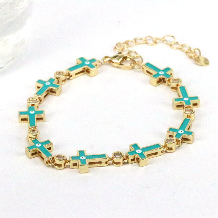 Olivenorma Color Dripping Evil Eye Alloy Cross Beads Bracelet - Green Cross - image 5