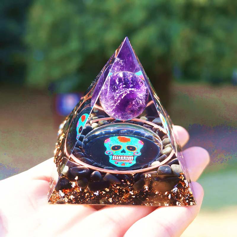 Olivenorma Amethyst&Obsidian Skull Symbol Orgone Pyramid - 10*10cm - YES PLEASE $8 - image 0
