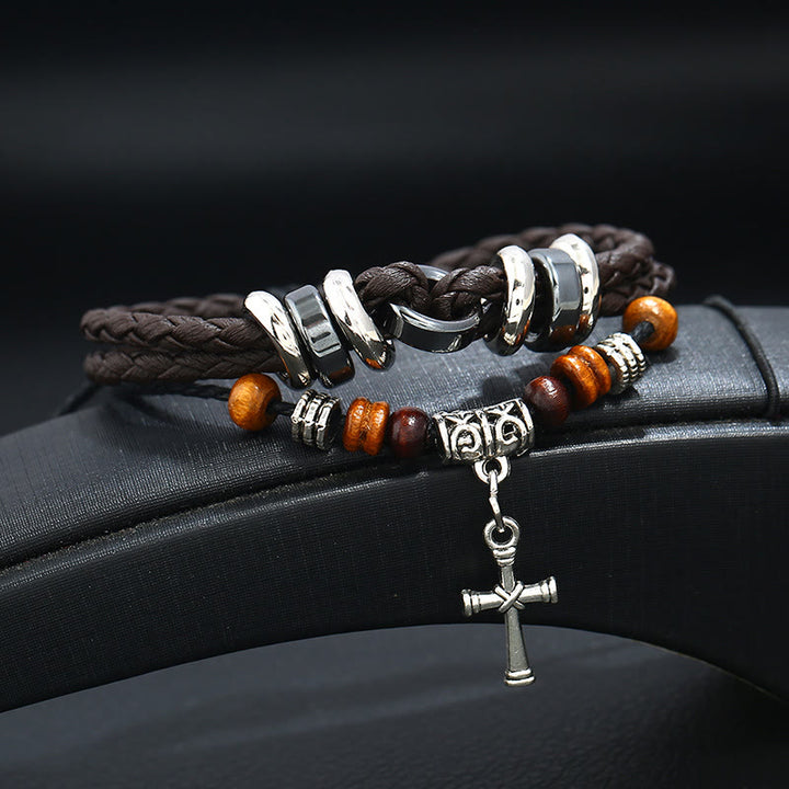 Olivenorma Adjustable Multi Layered Braided Woven Leather Cross Bracelet - Tiger Eye - Dark Brown - image 3