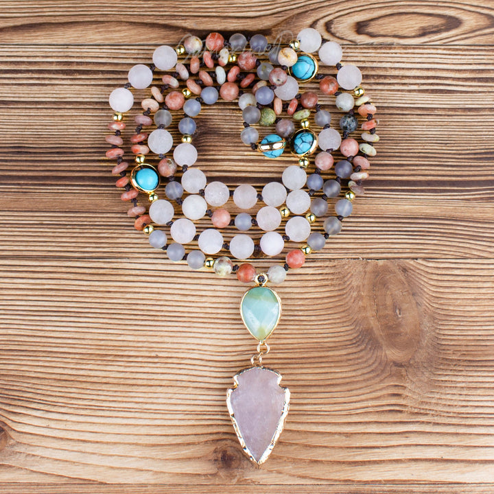 Natural Rose Quartz Mala Prayer Arrowhead Pendant Necklace - image 4