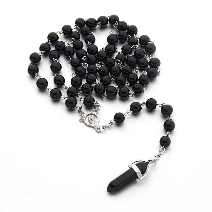 Olivenorma Obsidian Christianity Crystal Hexagon Pendant Rosary Necklace - Obsidian - image 0