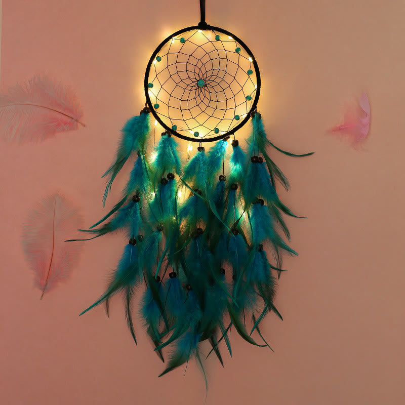 Olivenorma Turquoise Beaded Braided Floral Blue Feather Dream Catcher - With Lights - image 7