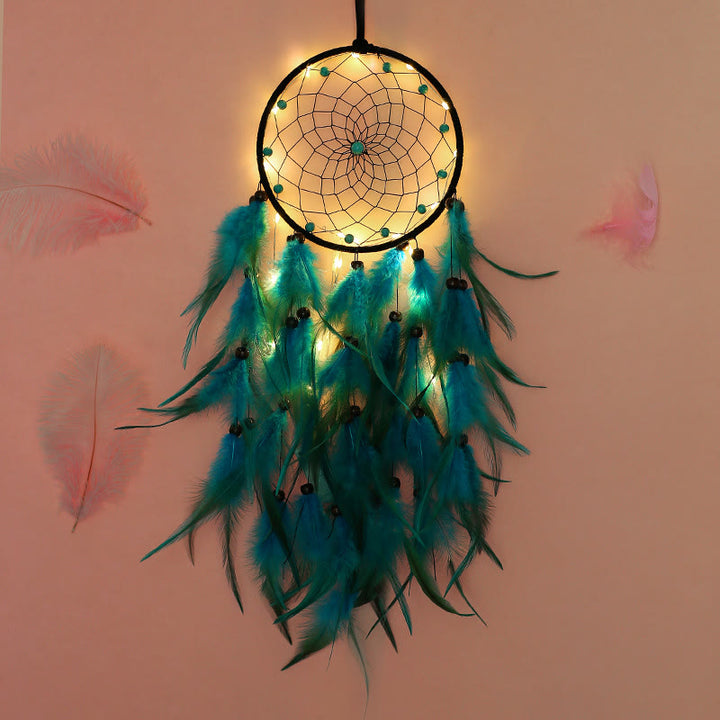 Olivenorma Turquoise Beaded Braided Floral Blue Feather Dream Catcher - With Lights - image 7