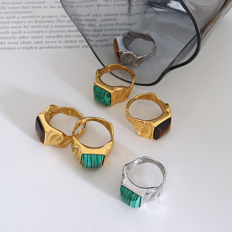 Olivenorma Square Malachite Tiger Eye Gold Titanium Steel Ring - image 7