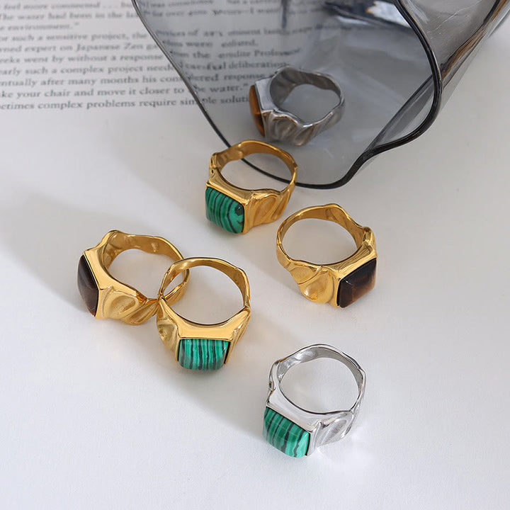 Olivenorma Square Malachite Tiger Eye Gold Titanium Steel Ring - image 7
