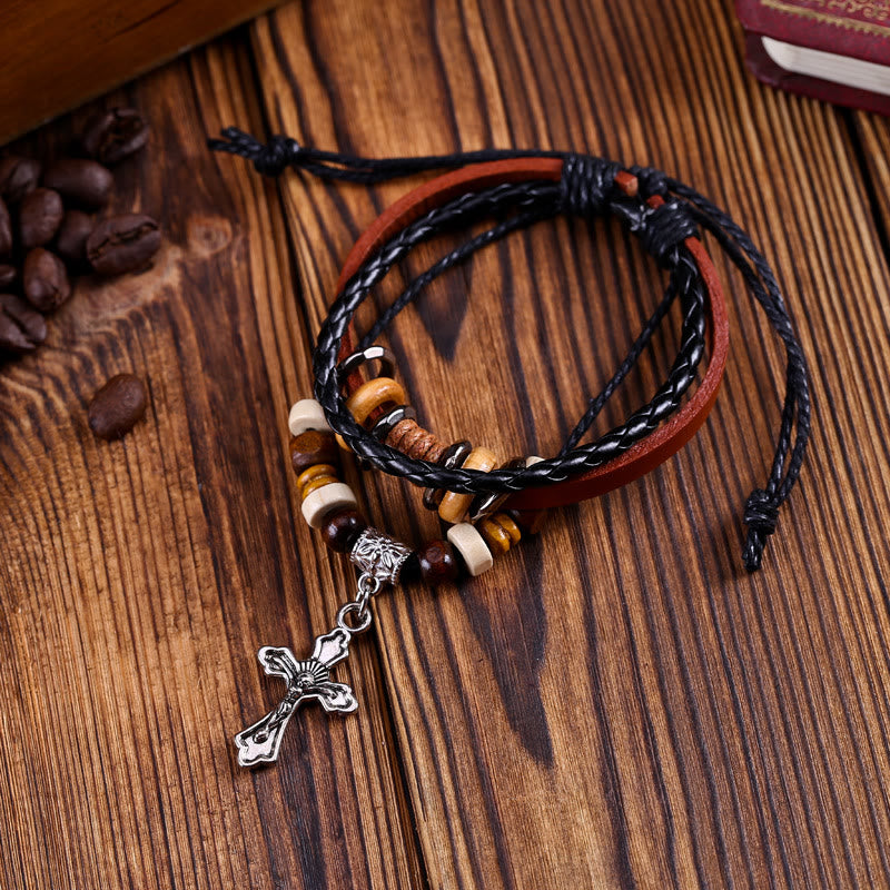 Olivenorma Cross Star Pendant Leather Braided Men Bracelet - Cross - image 0