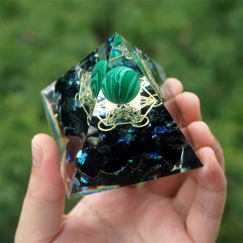 Olivenorma Malachite Sphere & Obsidian Healing Orgone Pyramid  - image 2