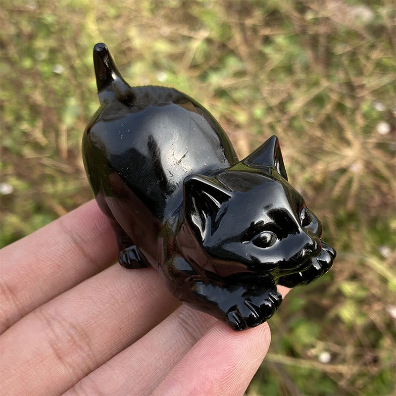 Olivenorma Natural Crystal Obsidian Cat Carving Gemstone Decoration - image 3