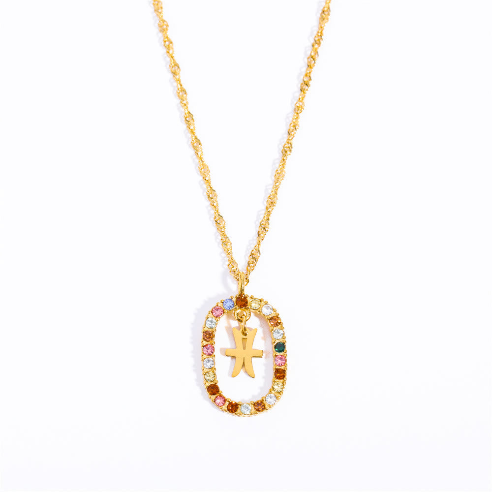 Olivenorma Zircon Openwork Oval Constellation Zodiac Necklace - Pisces - image 2