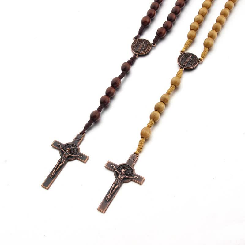 Olivenorma Knitted Vintage Cross Wood Rosary Necklace - image 8