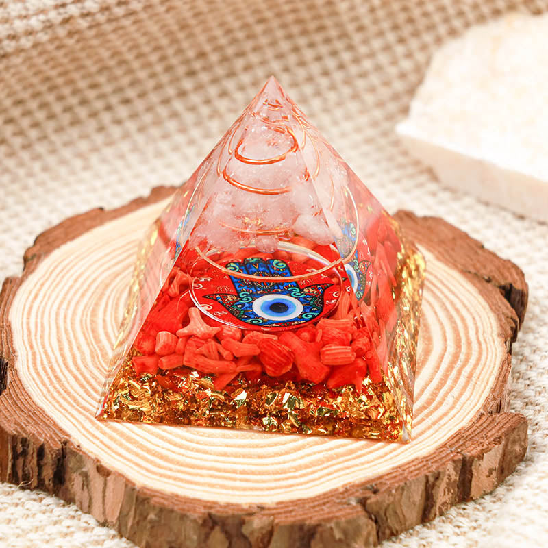Olivenorma Clear Quartz With Red Coral Hamsa & Evil Eye Orgone Pyramid - image 0