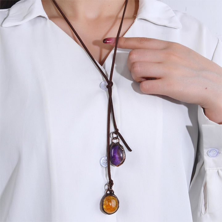 OlivenormaNatural Rough Stone Irregular Pendant Leather Rope Necklace - image 22