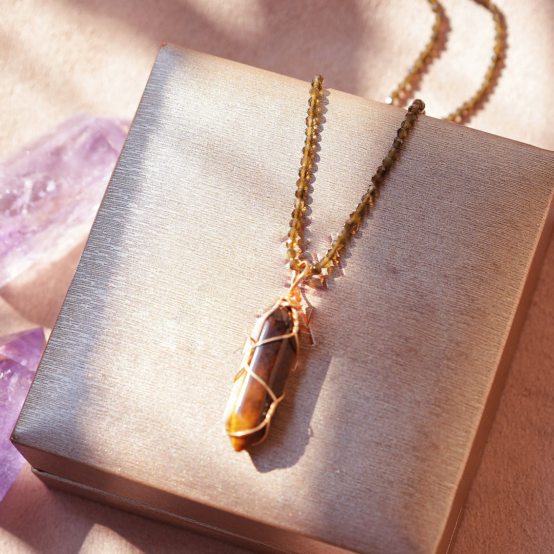 Olivenorma Natural Rough Stone Crystal Column Pendulum Necklace - Tiger Eye - image 11