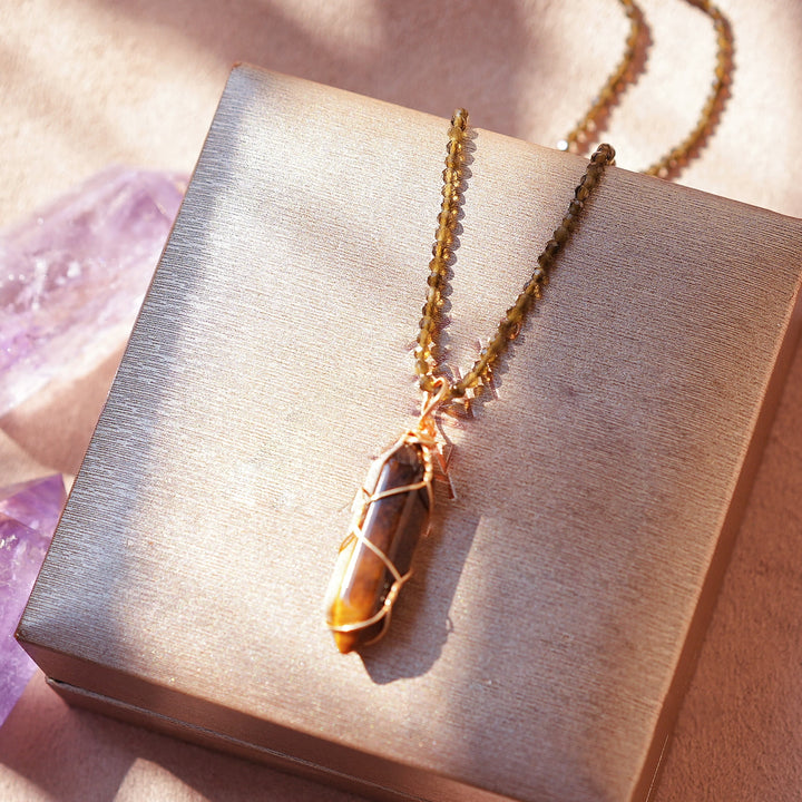 Olivenorma Natural Rough Stone Crystal Column Pendulum Necklace - Tiger Eye - image 11