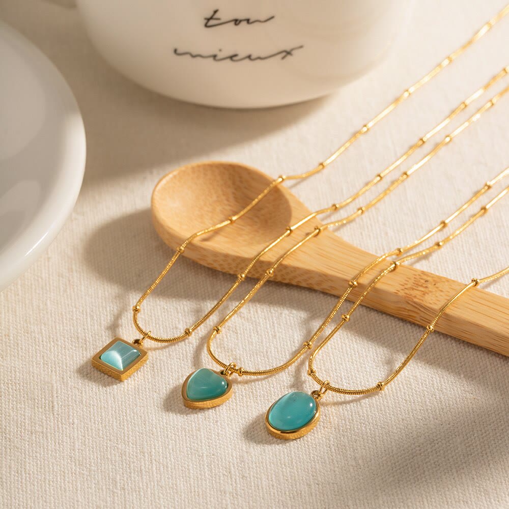 Olivenorma Blue Cat's Eye Stone Heart Square Pendant Necklace - image 0